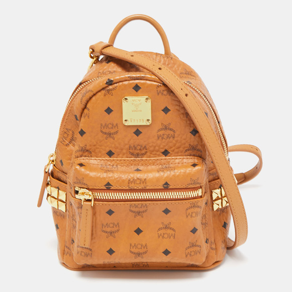 MCM Handbags - MCM Tan Visetos Coated Canvas and Leather Mini Studded Stark-Bebe Boo Backpack